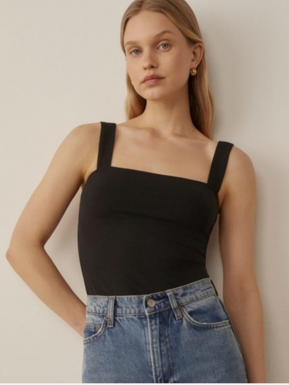 Reformation CANYON Black Square-Neck Ribbed Camisole